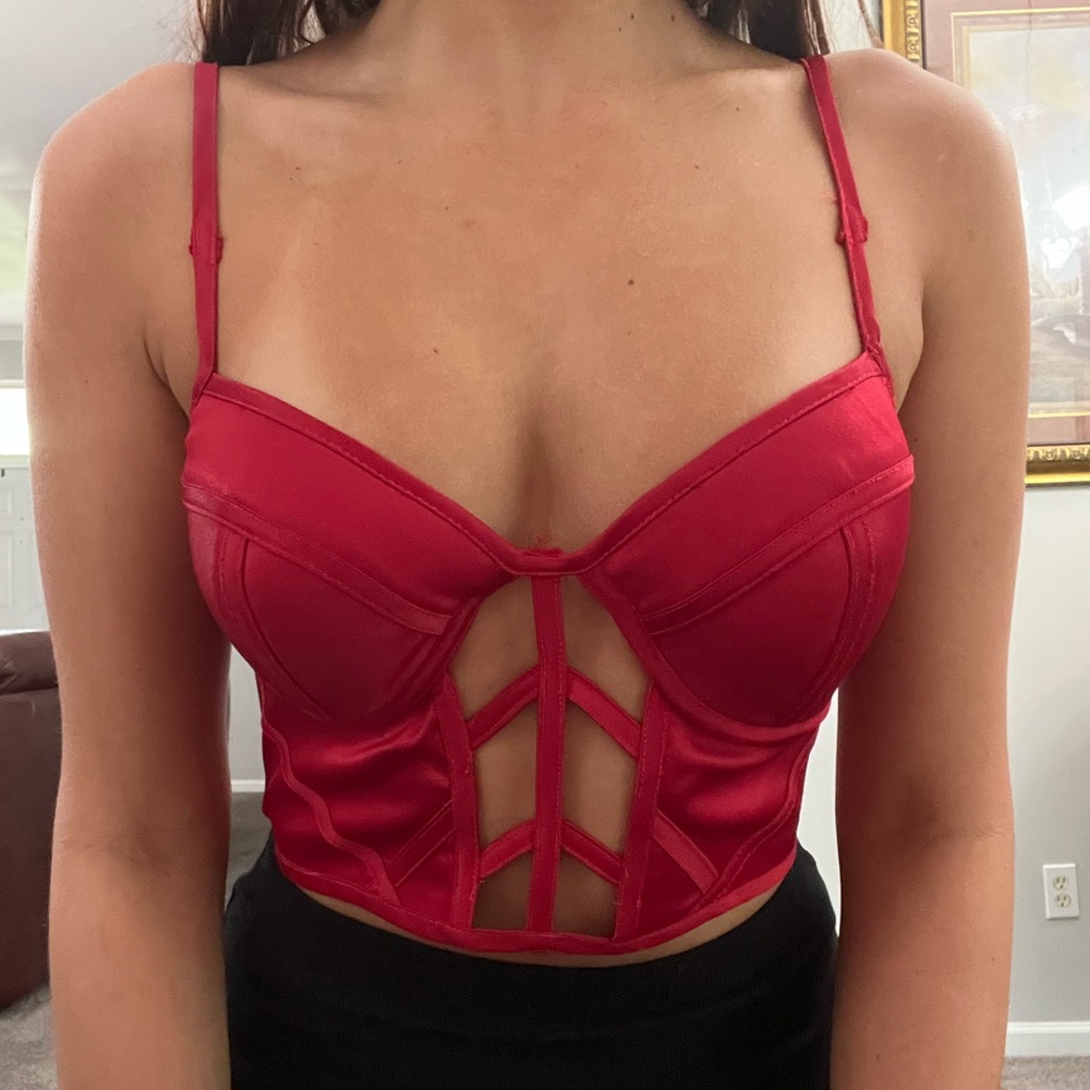 Red Corset Zip Up Crop Top with Open Front